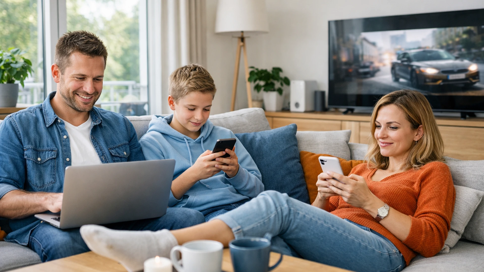 Rodzina korzystająca z internetu, telewizji i telefonii komórkowej ComNet
